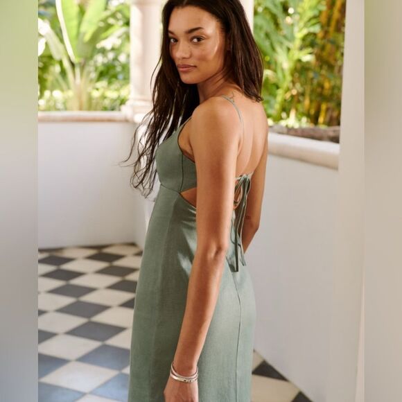 ABERCROMBIE & FITCH Linen Cutout Midi Dress Deep Sage SIZE XL - Picture 2 of 11